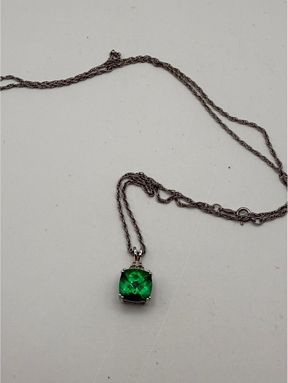 925 Sterling Silver Lab Created Emerald Pendant Necklace Cushion Cut 18 Inch